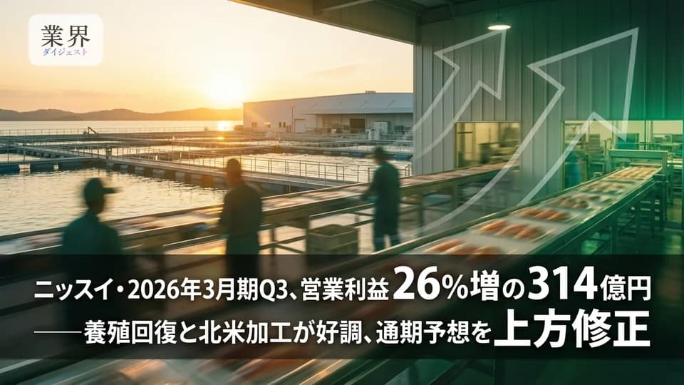 ニッスイ・2026年3月期Q3、営業利益26%増の314億円——養殖回復と北米加工が好調、通期予想を上方修正