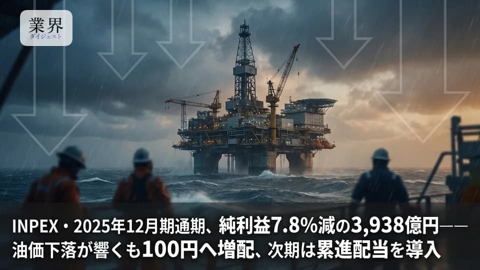 INPEX・2025年12月期通期、営業利益10.7%減の1兆1,354億円——油価下落響くも累進配当を継続、次期も増配へ