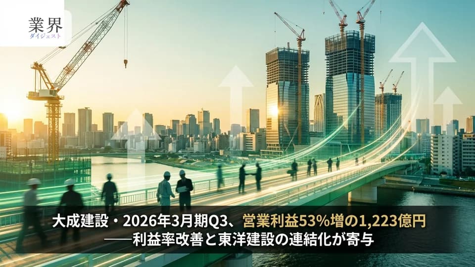 大成建設・2026年3月期Q3、営業利益53%増の1,223億円——利益率改善と東洋建設の連結化が寄与
