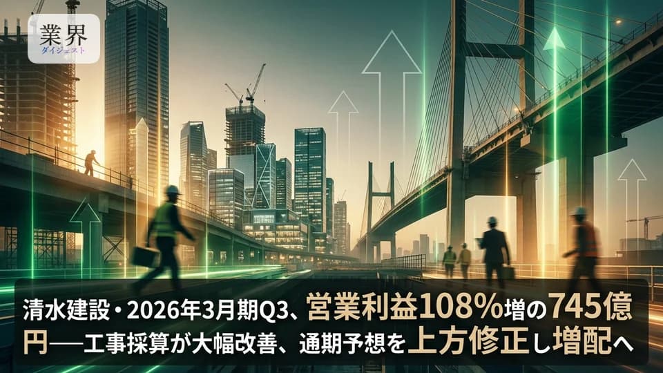 清水建設・2026年3月期Q3、営業利益108%増の745億円——国内採算改善と資産売却で大幅増益、年間配当も増額修正