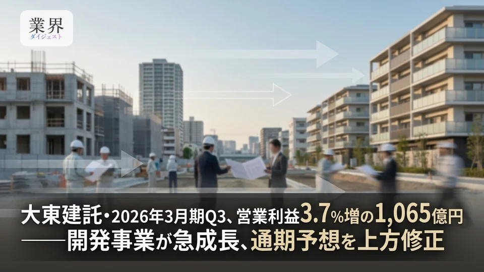 大東建託・2026年3月期Q3、売上高6%増の1兆4,435億円——開発事業が大幅増益で牽引、通期予想を上方修正