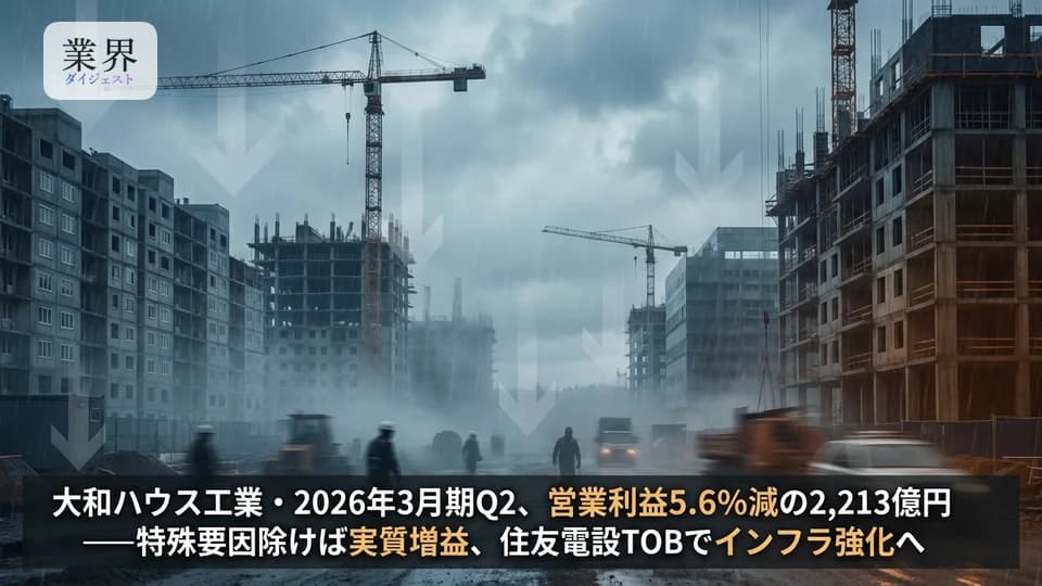 大和ハウス工業・2026年3月期Q2、営業利益5.6%減の2,213億円——特殊要因除けば実質増益、住友電設TOBでインフラ強化へ