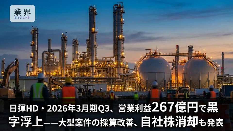 日揮HD・2026年3月期Q3、営業利益267億円で黒字転換――総合エンジ事業の採算改善が寄与、自己株5.97%消却へ
