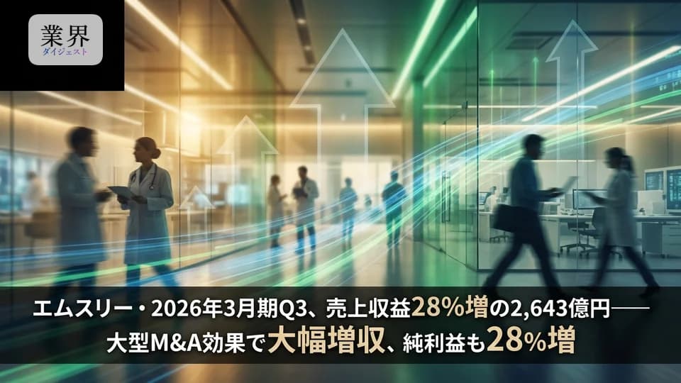 エムスリー・2026年3月期Q3、売上収益28%増の2,643億円——大型M&A効果で大幅増収、純利益も28%増