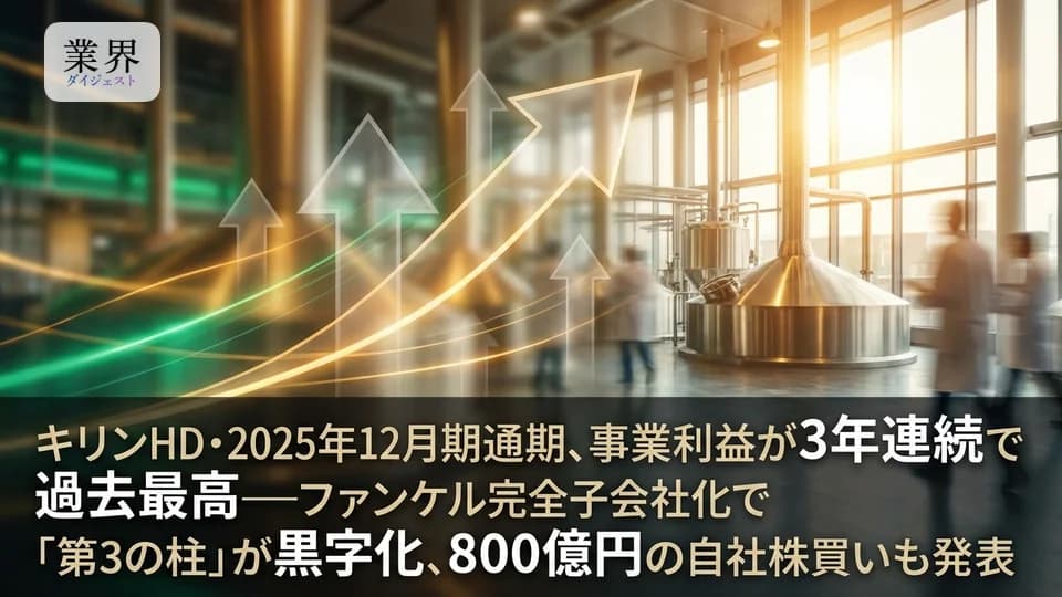 キリンHD・2025年12月期通期、事業利益が3年連続で過去最高——ファンケル完全子会社化で「第3の柱」が黒字化、800億円の自社株買いも発表