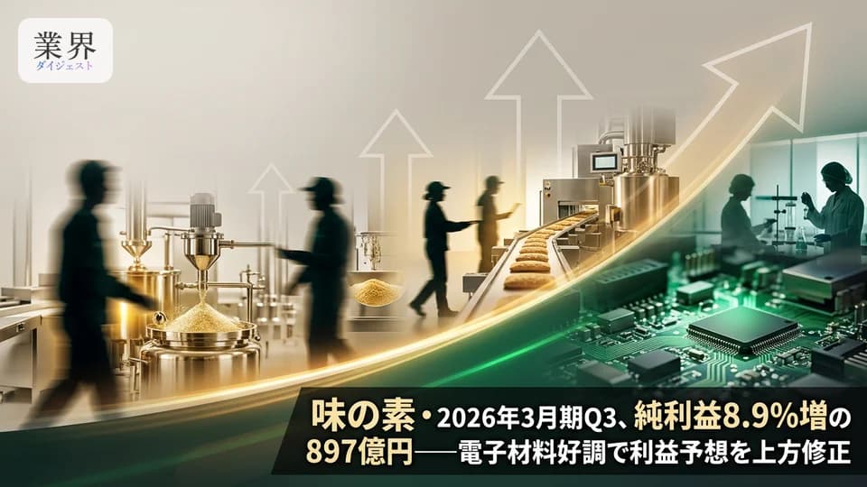 味の素・2026年3月期Q3、事業利益5.6%増の1,459億円——電子材料好調、本社ビル売却益で純利益予想を上方修正