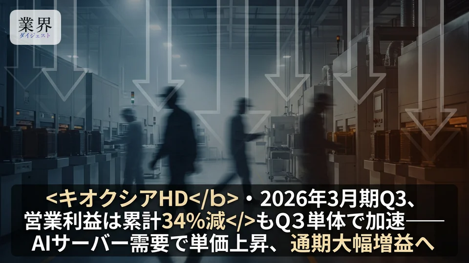 キオクシアHD・2026年3月期Q3、営業利益は累計34%減もQ3単体で加速——AIサーバー需要で単価上昇、通期大幅増益へ