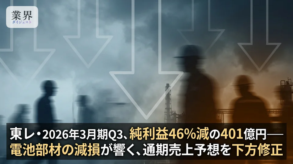 東レ・2026年3月期Q3、純利益46.6%減の401億円——韓国BSF事業の減損響く、通期売上予想を下方修正