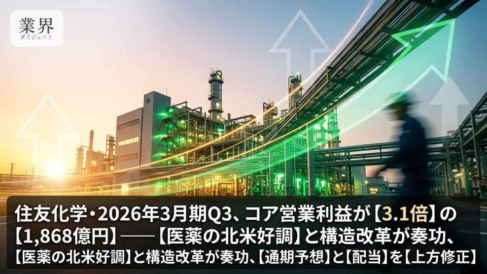住友化学・2026年3月期Q3、コア営業利益3.1倍の1,868億円——医薬・石化の構造改革進み通期予想を上方修正