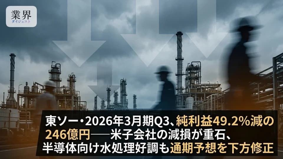 東ソー・2026年3月期Q3、純利益49.2%減の246億円——米国事業の減損と市況悪化が重石、水処理は堅調