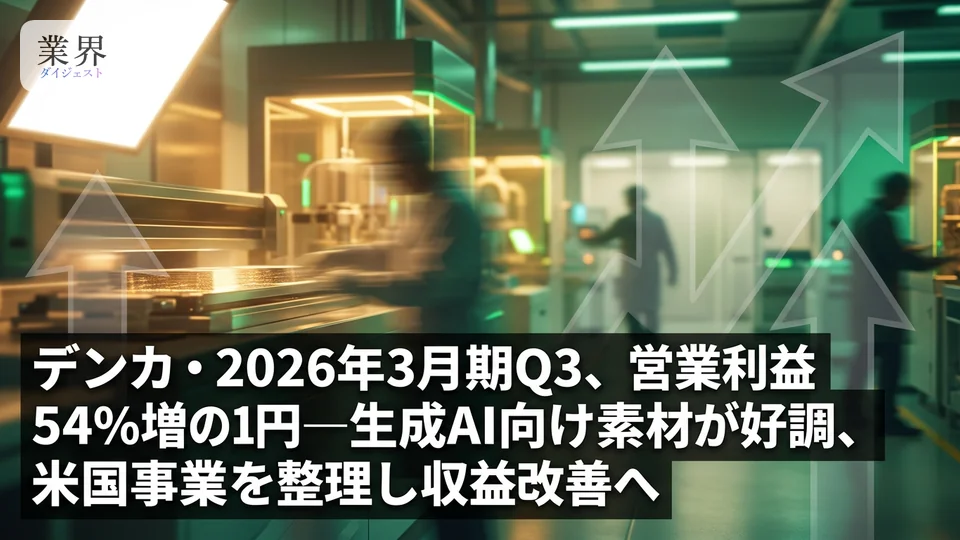 デンカ・2026年3月期Q3、営業利益54%増の181億円——AI向け先端素材が牽引、通期売上高を下方修正