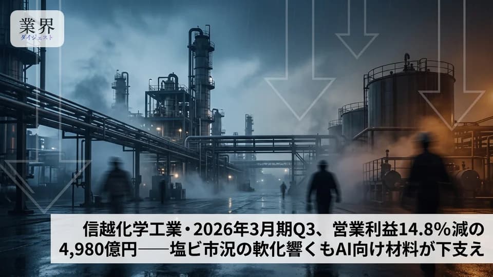信越化学工業・2026年3月期Q3、営業利益14.8%減の4,980億円——塩ビ市況の軟化が重石、AI向け半導体材料は堅調維持