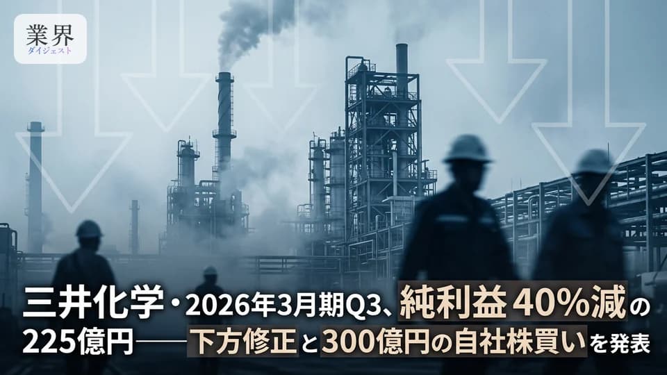 三井化学・2026年3月期Q3、純利益40%減の225億円——市況悪化で通期予想を下方修正、300億円の自社株買い発表