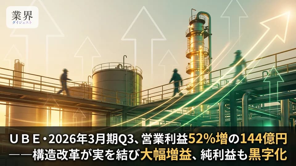 UBE・2026年3月期Q3、営業利益52.0%増の144億円——構造改革の成果と独事業買収が寄与、通期予想は据え置き
