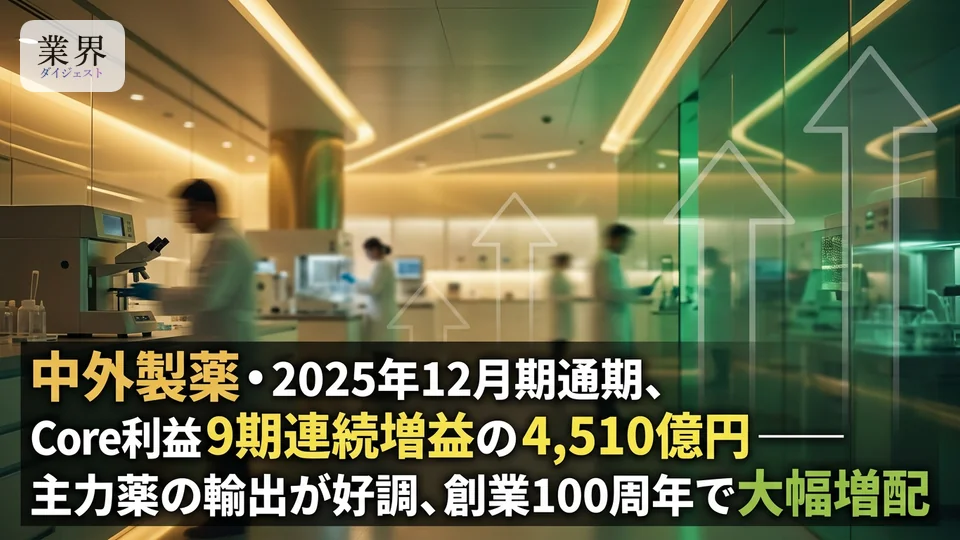 中外製薬・2025年12月期、9期連続のCore増益達成——海外向け「ヘムライブラ」好調で売上高1.2兆円超、記念配当含め大幅増配