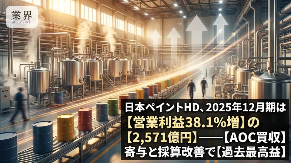 日本ペイント・2025年12月期通期、営業利益38%増の2,571億円——大型M&Aの寄与と資産売却益で大幅増益、次期も連続増配へ