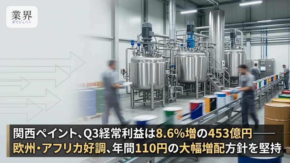 関西ペイント・2026年3月期Q3、経常利益8.6%増の453億円——為替差益が寄与、配当は前期比2.2倍の110円予想を維持