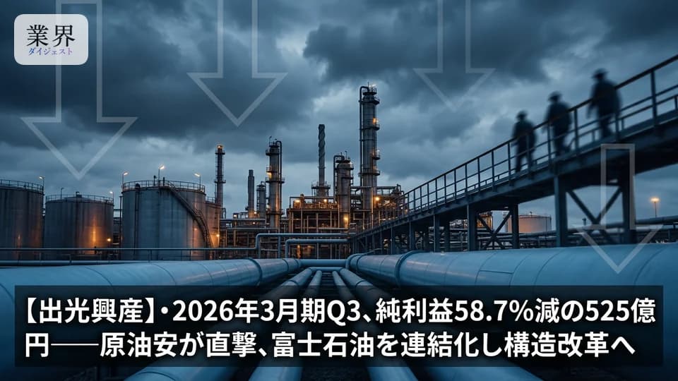 出光興産・2026年3月期Q3、純利益58.7%減の525億円——原油・石炭の下落が直撃、富士石油を連結子会社化