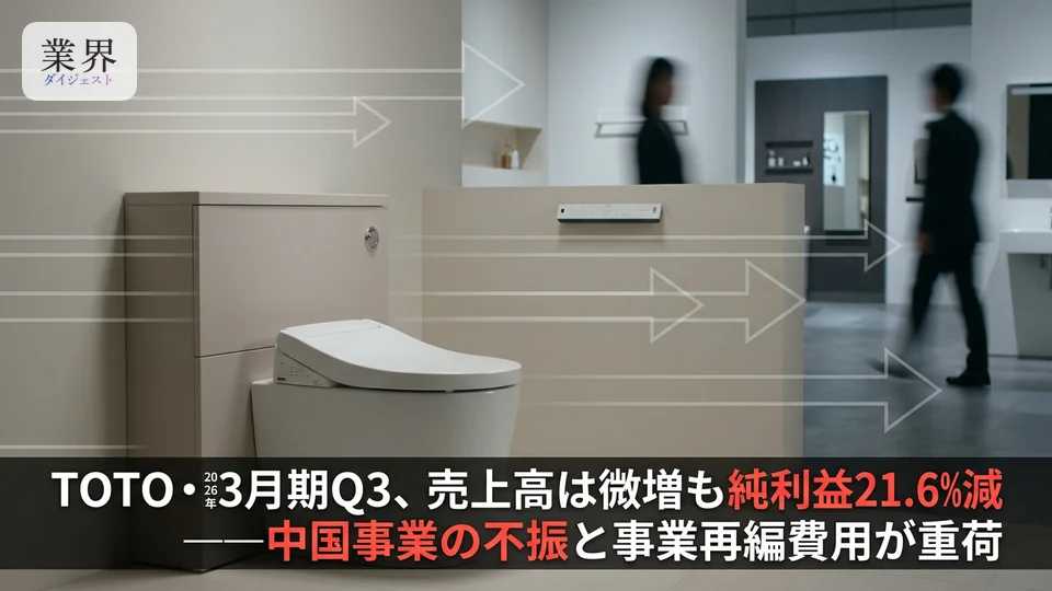 TOTO・2026年3月期Q3、営業利益2.6%減の404億円——中国市場の苦戦を「セラミック事業」の躍進がカバー