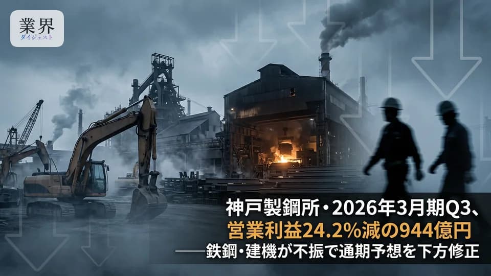 神戸製鋼所・2026年3月期Q3、純利益27.8%減の843億円——鉄鋼・建機が振るわず、通期予想を下方修正