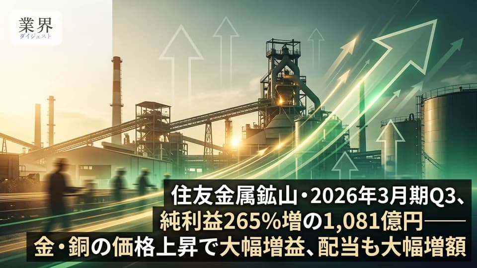 住友金属鉱山・2026年3月期Q3、純利益265%増の1,081億円——銅・金価格高騰で通期予想を大幅上方修正、配当も増額