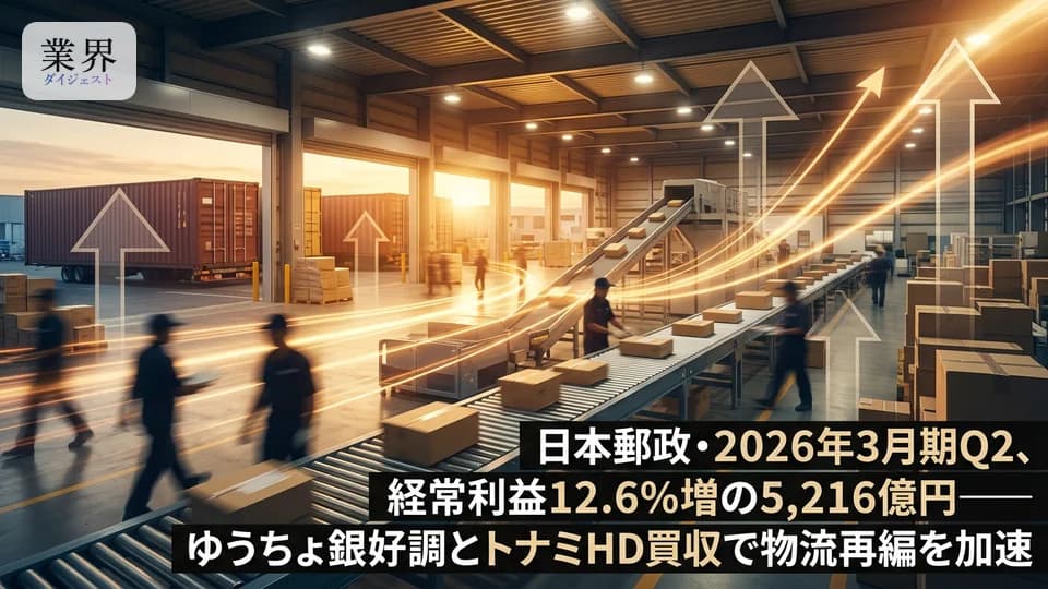 日本郵政・2026年3月期Q2、経常利益12.6%増の5,216億円——ゆうちょ銀好調とトナミHD買収で物流再編を加速