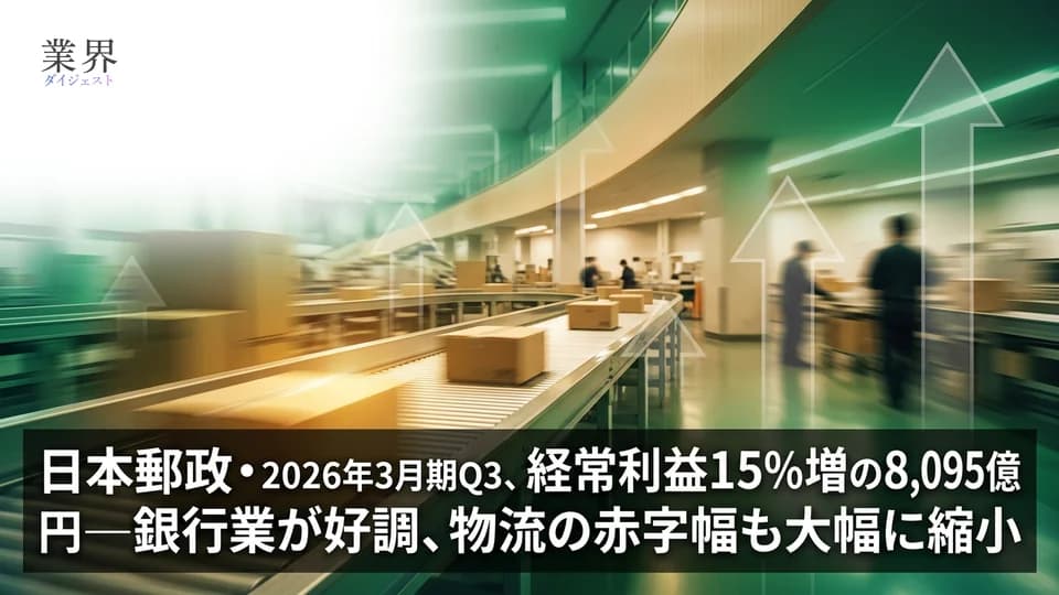 日本郵政・2026年3月期Q3、経常利益15.2%増の8,095億円——ゆうちょ銀行の収益拡大が牽引、物流赤字は大幅縮小
